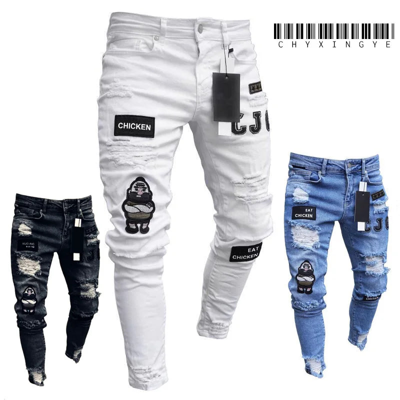 ✨ White Embroidery Skinny Ripped Jeans for Men | Casual Slim Fit Hip Hop Denim Pants 🕶️