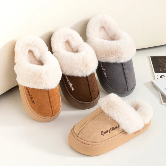 Queeyhome Winter Women Flat-Bottomed Plush Commute Slippers