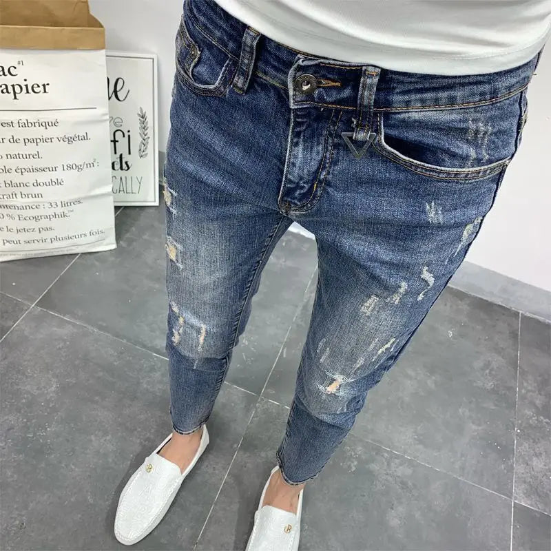 2023 Men's Korean Style Ripped Skinny Jeans | Trendy Blue Summer Cargo Trousers