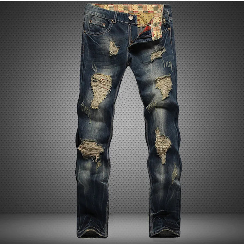 New Men's Ripped Denim Trousers 👖 | Fashion Casual Straight Jeans | Vintage Dark Blue Pencil Pants