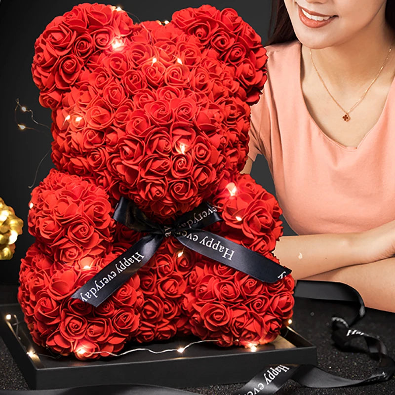 Valentine's Day Rose Bear with Gift Box and Lights – Eternal Love Teddy Bear for Women & Girlfriend