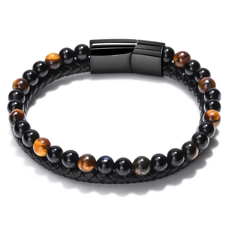 stainless Steel Tiger Eye & Lava Stone Bracelet – Unisex Natural Stone Leather Jewelry 🌿