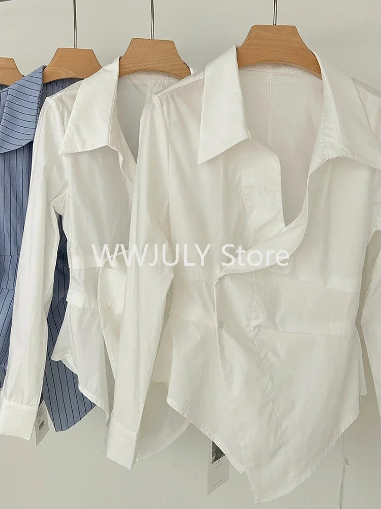 Women Stylish Korean Vintage Striped Shirts Long Sleeve Blouses: