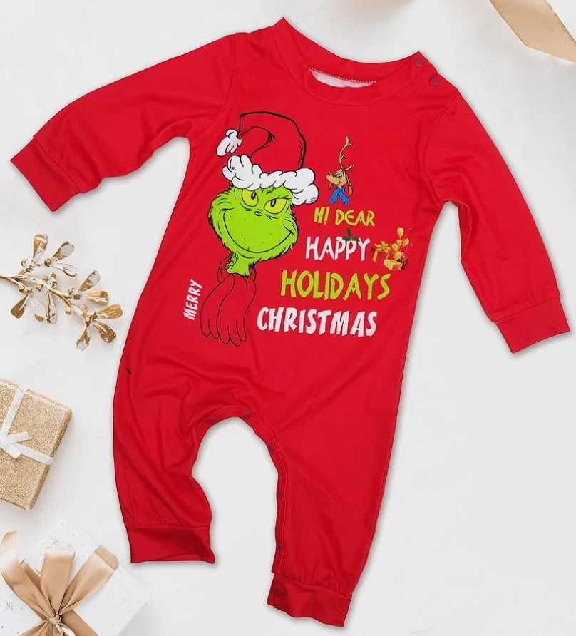 Christmas Family Matching Pajamas – Santa Cartoon Print PJs for All Ages (Including Baby & Dog!) 🎅🎄