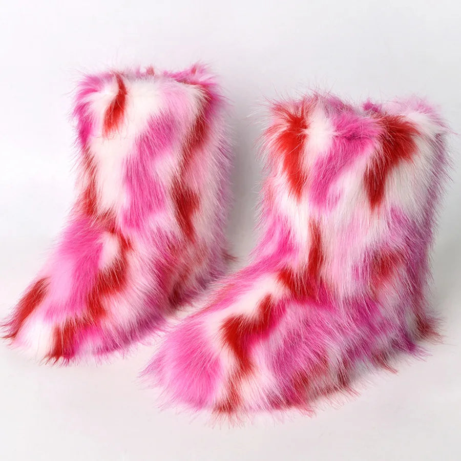 Winter Fur Imitation Raccoon Snow Boots for Women - Bright Colors – Mid-Calf Fluffy Boots with Plush Lining, Flat Heel