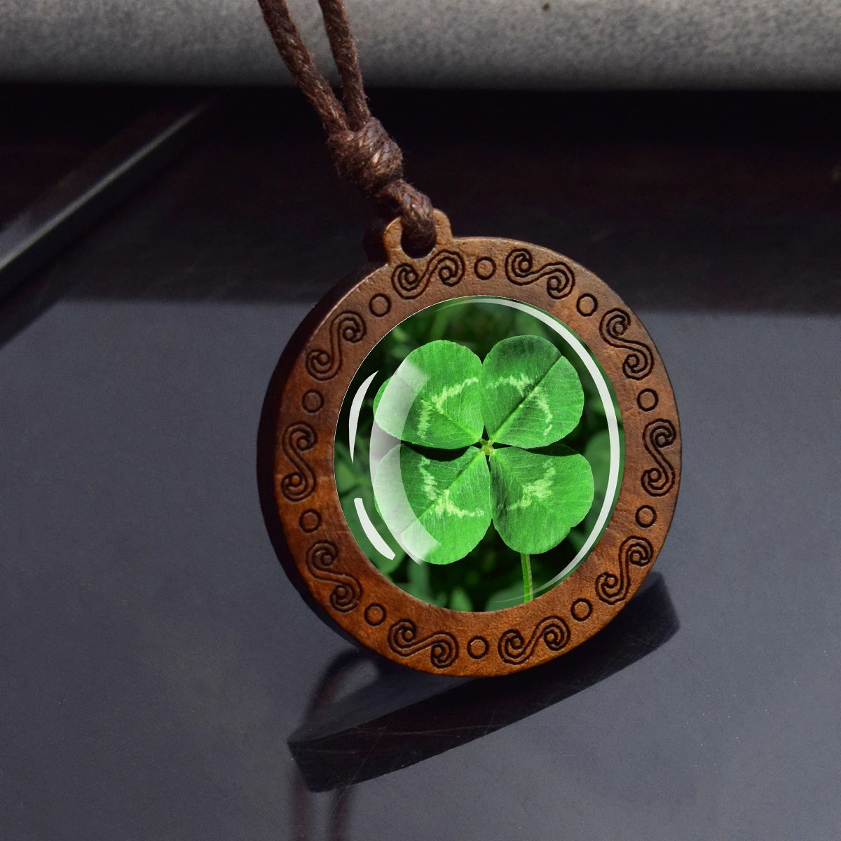 Four Leaf Clover Glass Dome Wooden Pendant Necklace Rope Chain Necklace Retro Jewelry St.Patrick's Day Gift