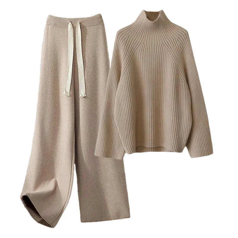 💎 Cozy Winter Knitwear Set for Women | Turtleneck Sweater + High-Waist Wide-Leg Pants 💎