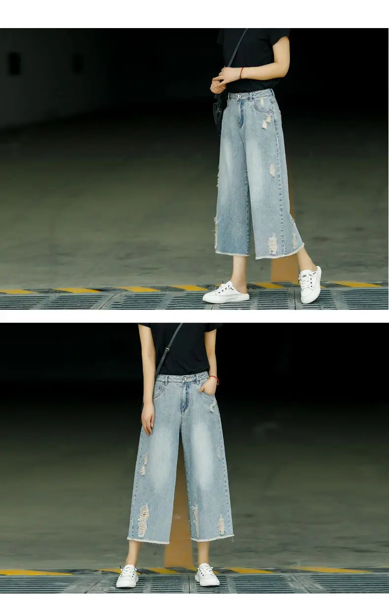 Women's Ripped Capri Jeans - High Waist Baggy Wide Leg Denim Pants - Casual Summer Loose Fit Korean Style