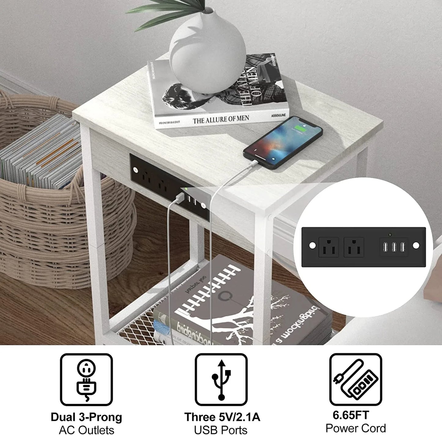 Nightstands Set of 2 with Charging Station