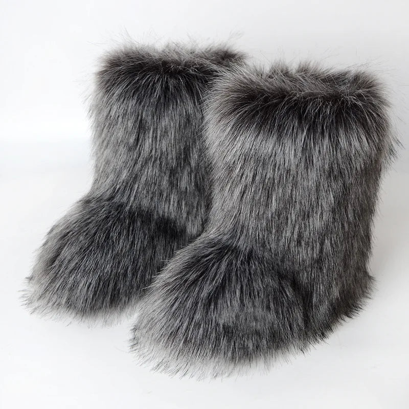 Winter Fur Imitation Raccoon Snow Boots for Women - Bright Colors – Mid-Calf Fluffy Boots with Plush Lining, Flat Heel