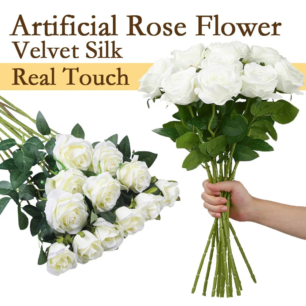 10-200PCS Realistic White Artificial Roses 🌹 | Silk Fake Flowers with Long Stems for Wedding, Home & Party Decor