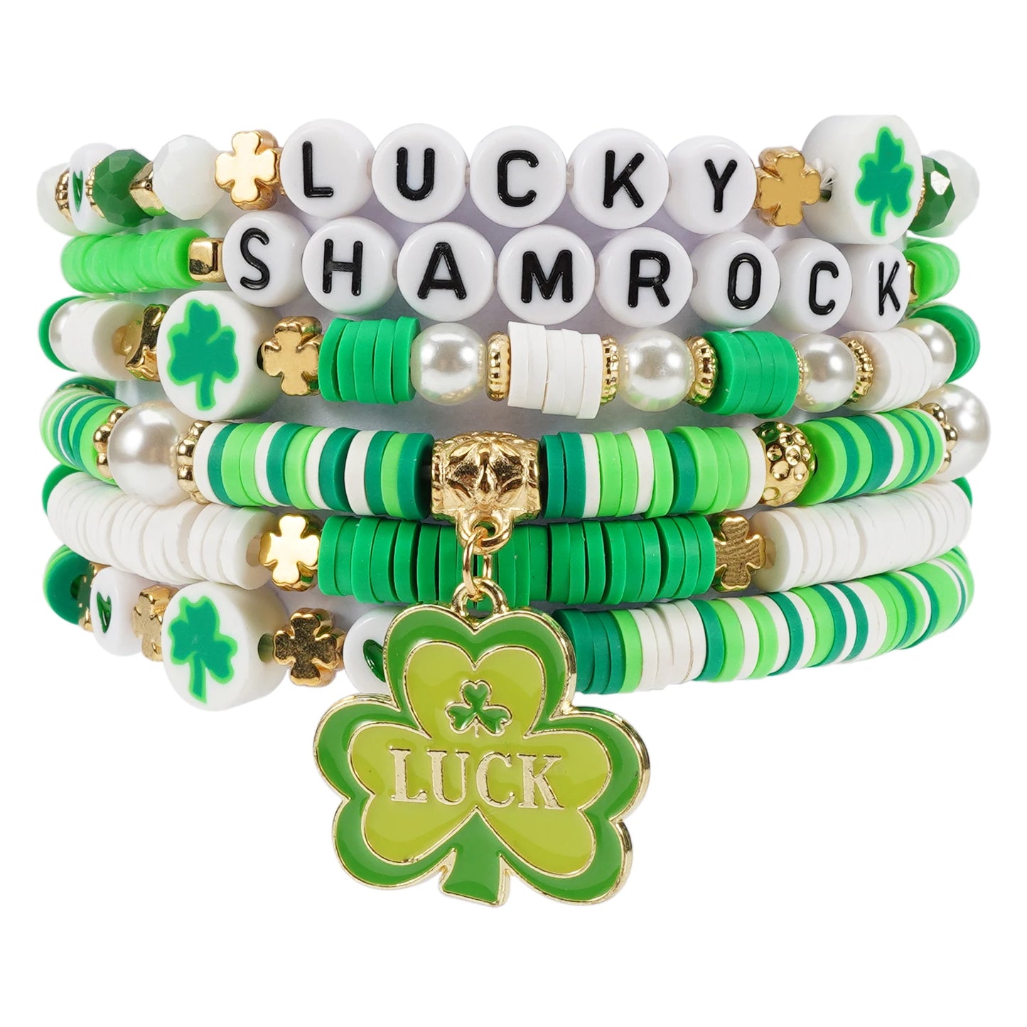 Green Shamrock Leaf Bracelet, Beaded Charm Stretch Bracelet For Women, St. Patricks Day Bracelet