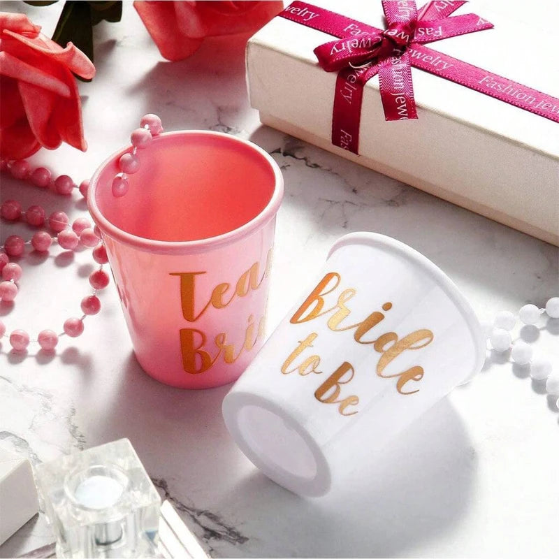 12pcs Team Bride Cups Bride To Be Plastic Shot Glasses Necklace Wedding Bridal Shower Bachelorette Hen Party Decor Drinking