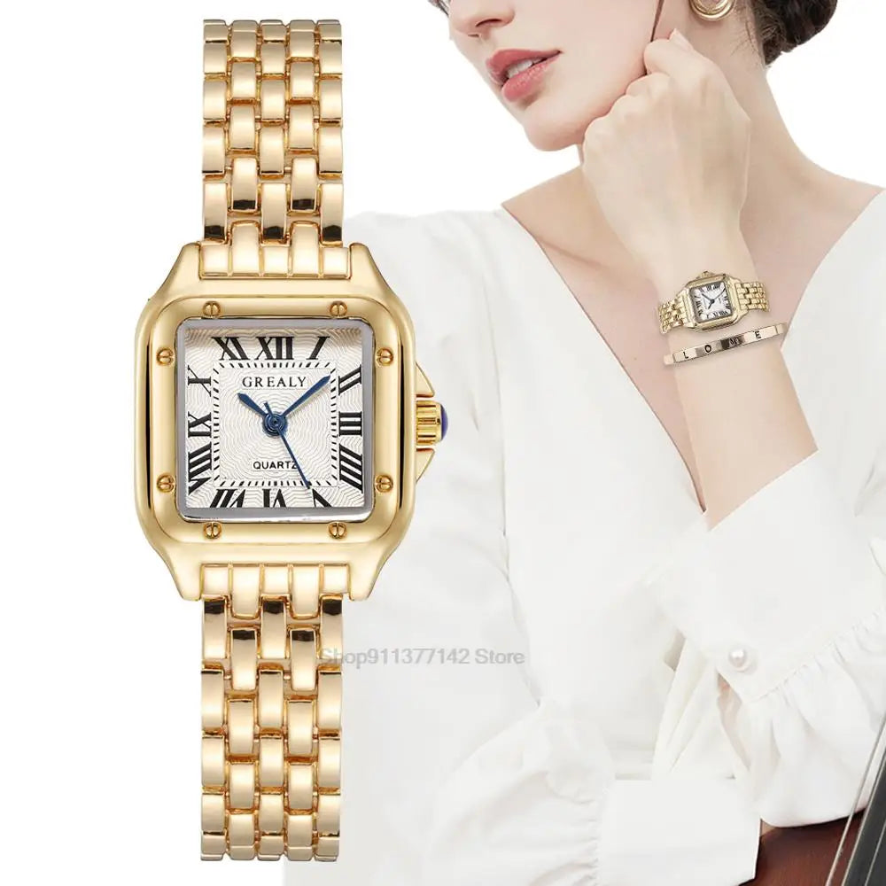 2024 Luxury Women's Square Watches - Gold Alloy Strap, Roman Scale Quartz Wristwatch ⌚✨