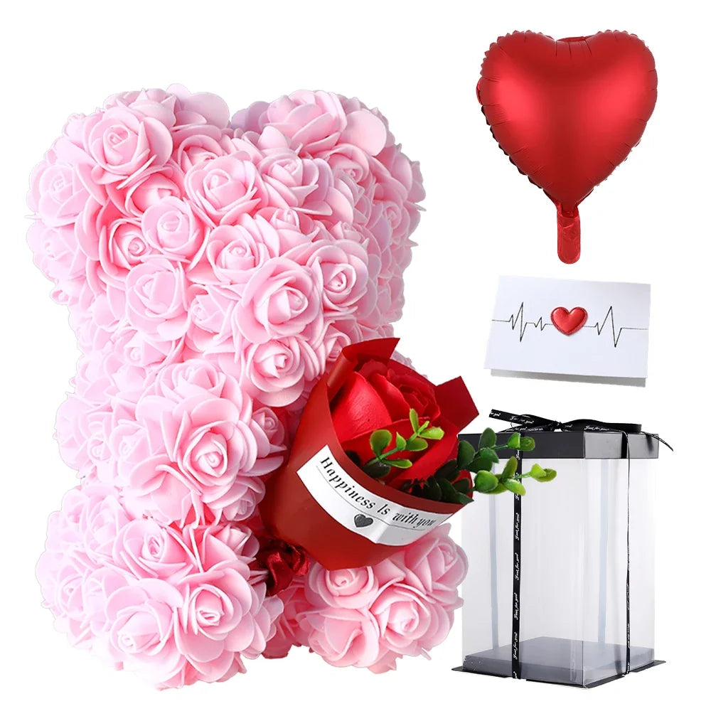 Valentine's Day Gift - 25cm Artificial Rose Bear with Box | Perfect Gift for Girlfriend, Women, Mother's Day, Birthday, Wedding Party