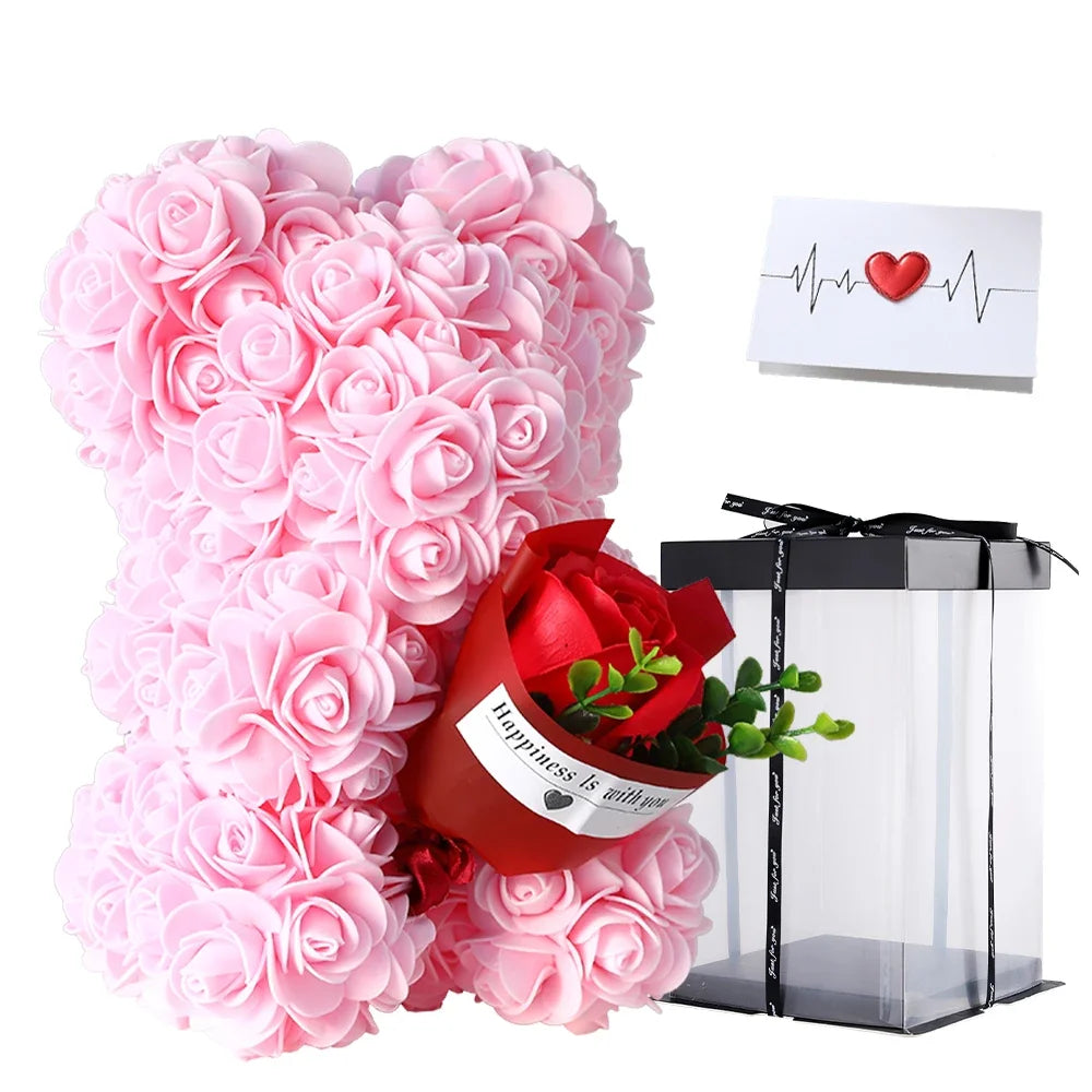 Valentine's Day Gift - 25cm Artificial Rose Bear with Box | Perfect Gift for Girlfriend, Women, Mother's Day, Birthday, Wedding Party