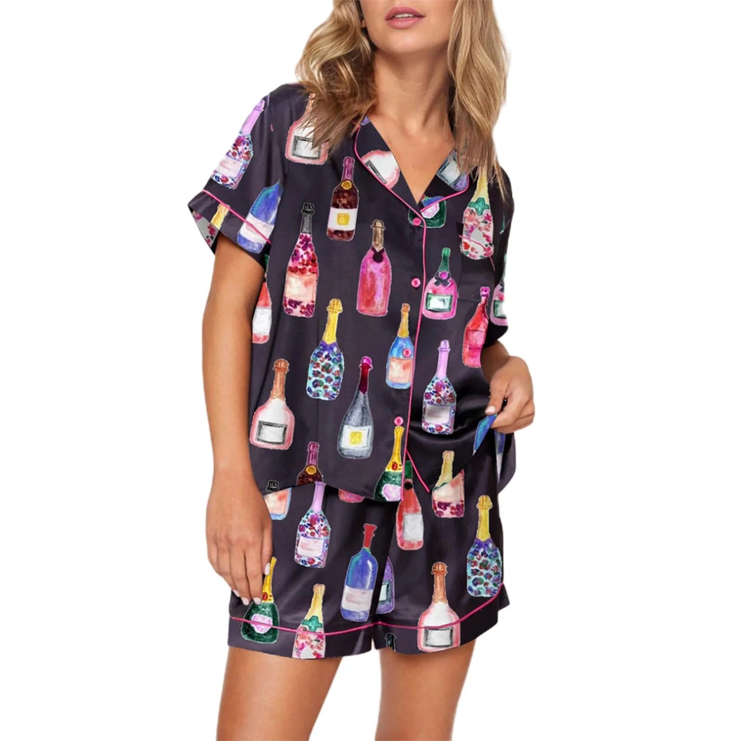 Women’s Satin Pajama Set Heart Boots Print | Short Sleeve Button-Up Shirt & Shorts | Trendy Sleepwear & Loungewear