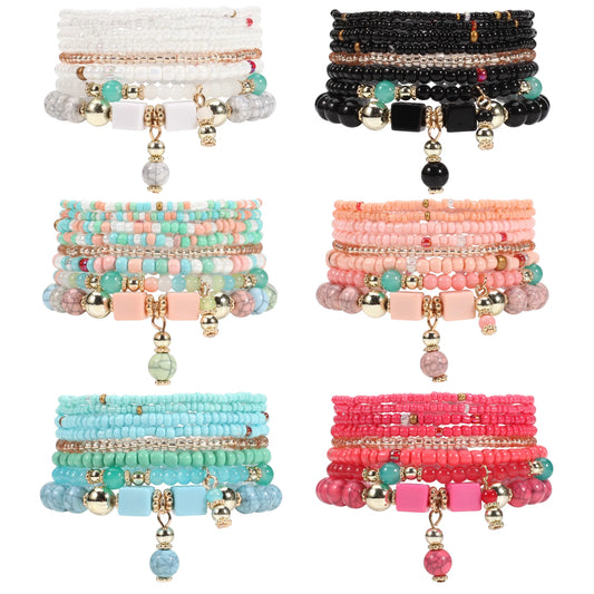 Bohemian Cache Bracelet Set – Multicolor Beaded Stackable Stretch Bracelets for Women, Trendy Layered Jewelry