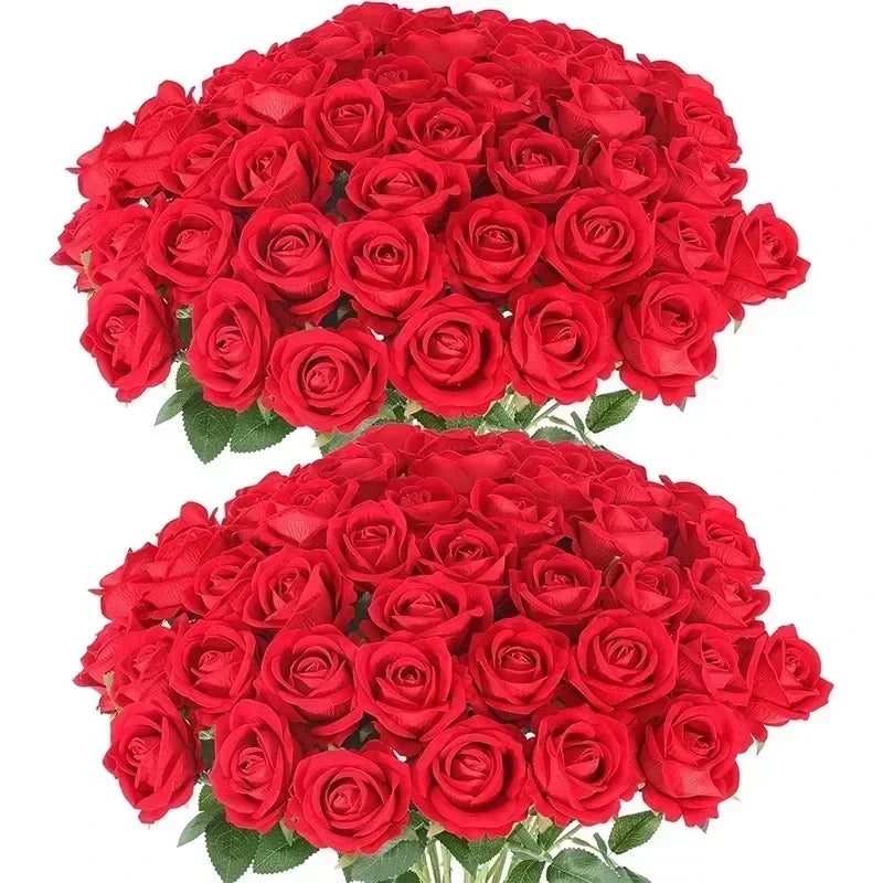 20/50PCS Realistic Velvet Silk Roses 🌹 | Artificial Flower Bouquet for Wedding, Home & Party Decor