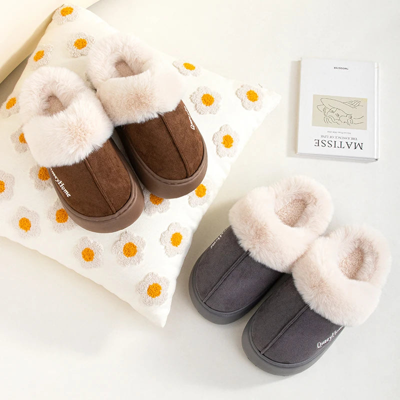 Queeyhome Winter Women Flat-Bottomed Plush Commute Slippers