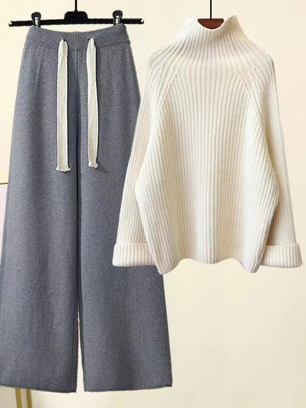 💎 Cozy Winter Knitwear Set for Women | Turtleneck Sweater + High-Waist Wide-Leg Pants 💎