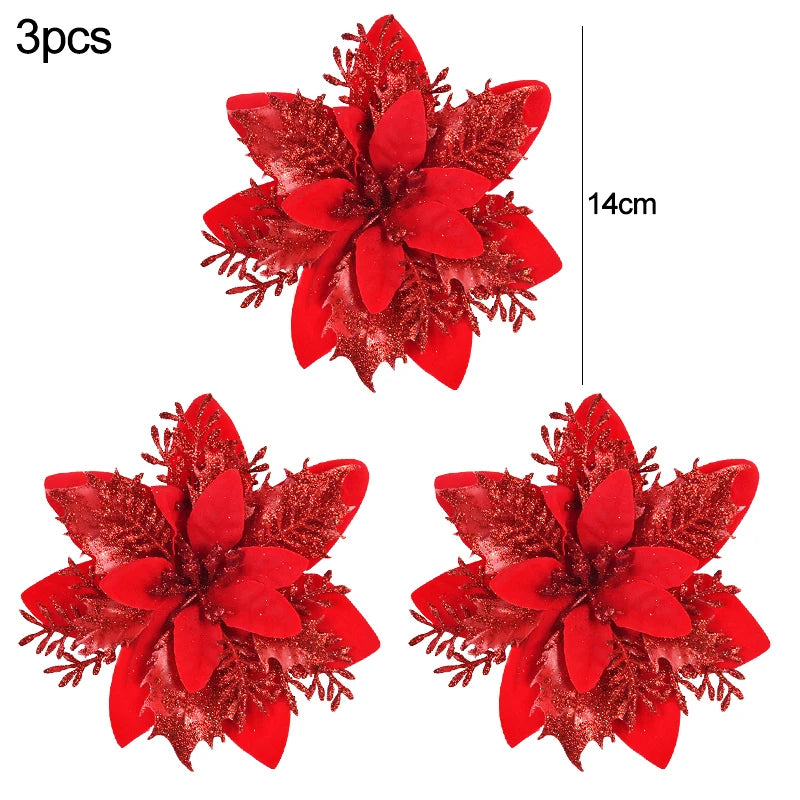 3Pcs 14cm Glitter Red & Gold Christmas Flowers | Artificial Berry Flower Heads for DIY Xmas Tree Decor & Home New Year