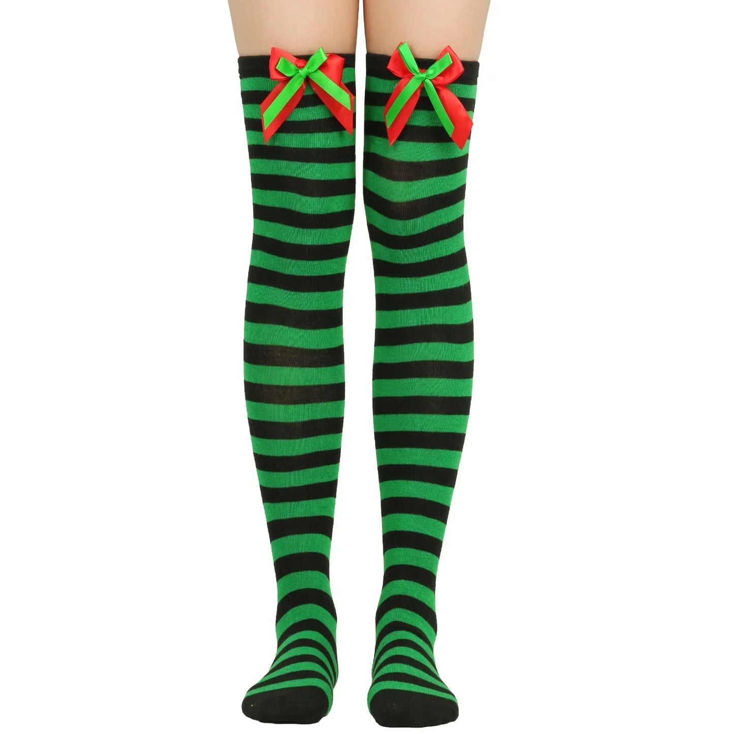 Women Over Knee Socks Christmas Striped Thigh High Stockings | Knee High Socks Cotton Polyester