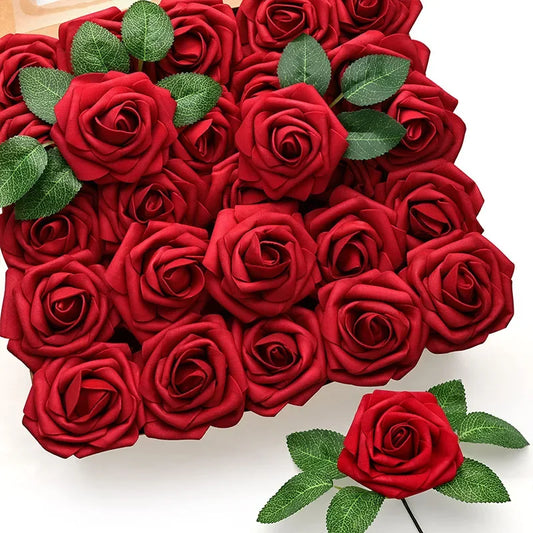 10/25PCS Realistic Artificial Red Roses 🌹 | Fake Flowers w/ Stems for Wedding, Party, Home & Holiday Decor