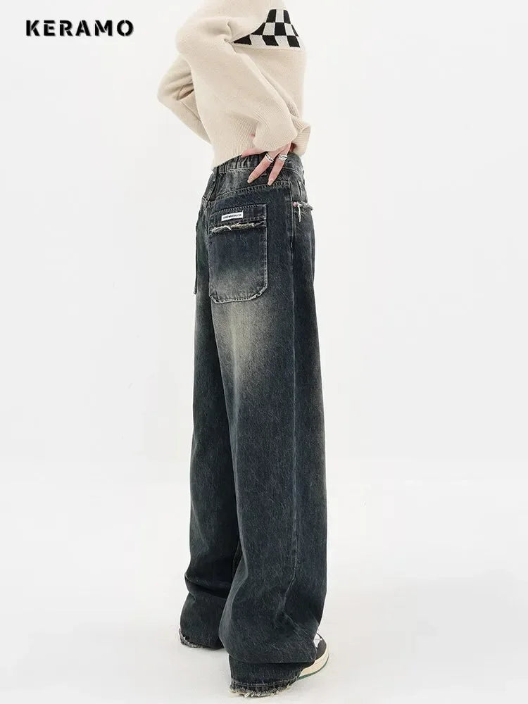 Streetwear Retro High Waist Loose Wide-Leg Jeans