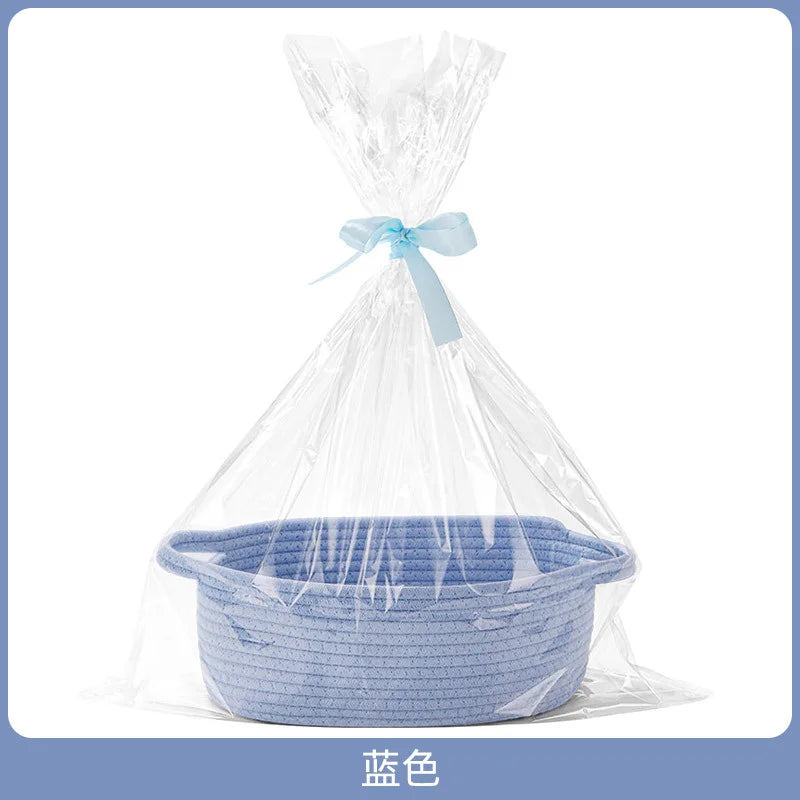 Small Woven Storage Basket w/ Gift Bag & Ribbon – Baby Toy, Diaper Organizer, Durable Rope Basket w/ Handle