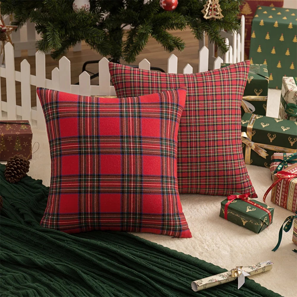 45x45cm Christmas Pillow Cases | Scottish Tartan Plaid Cushion Covers | Snowflake Throw Pillow for Home & Party Decor