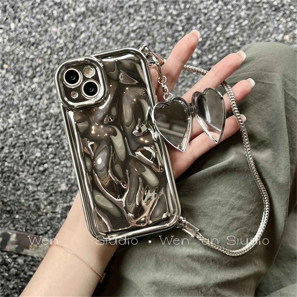 Laser Meteorite Heart Mirror Bracelet Chain Case for iPhone 14 13 12 11 Pro Max