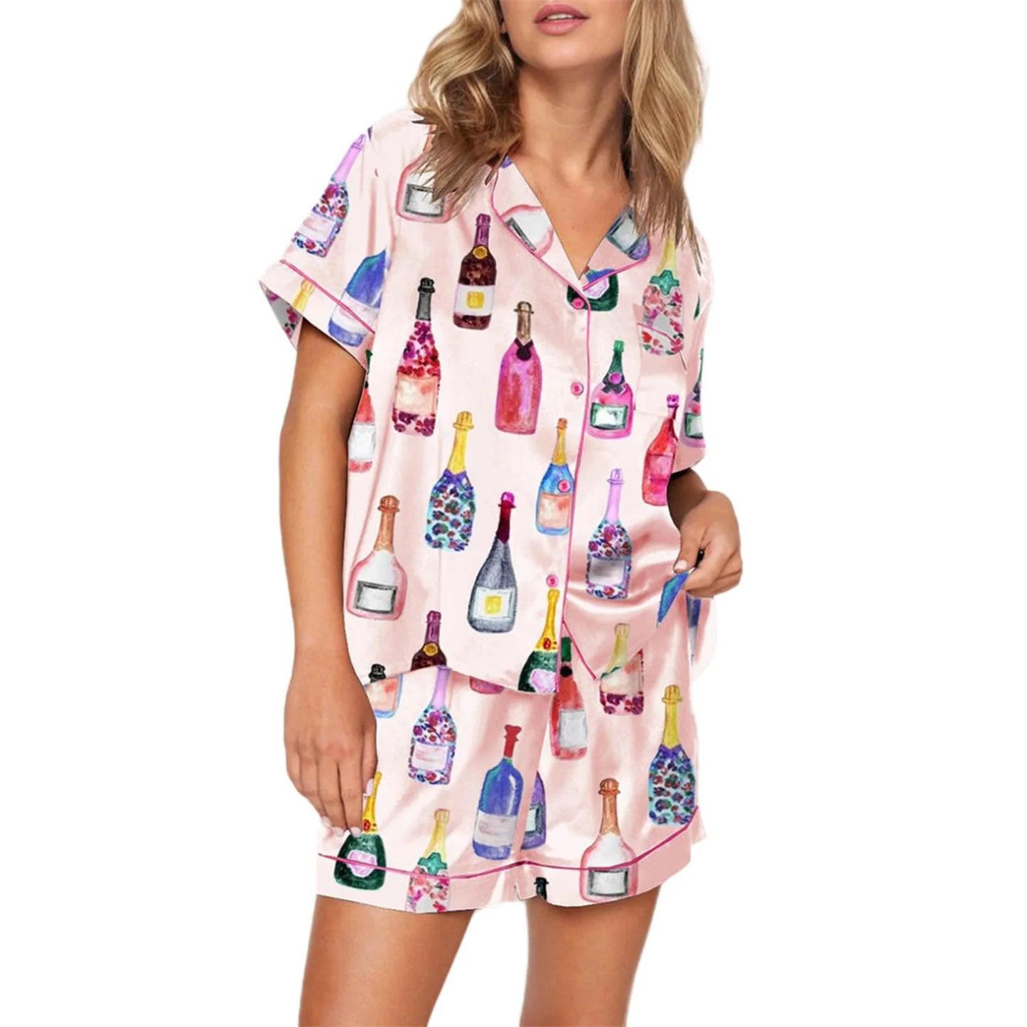 Women’s Satin Pajama Set Heart Boots Print | Short Sleeve Button-Up Shirt & Shorts | Trendy Sleepwear & Loungewear