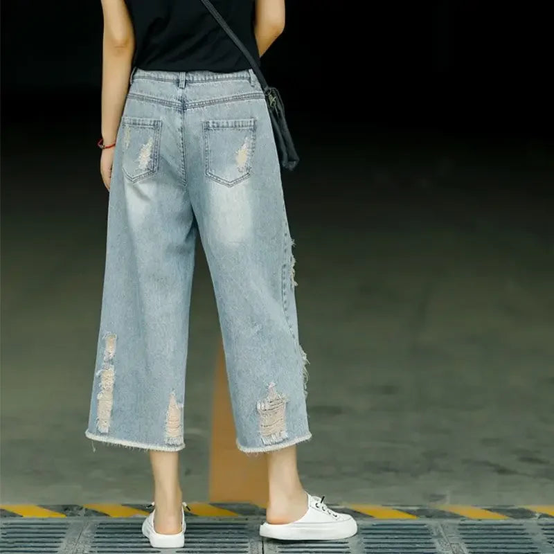 Women's Ripped Capri Jeans - High Waist Baggy Wide Leg Denim Pants - Casual Summer Loose Fit Korean Style