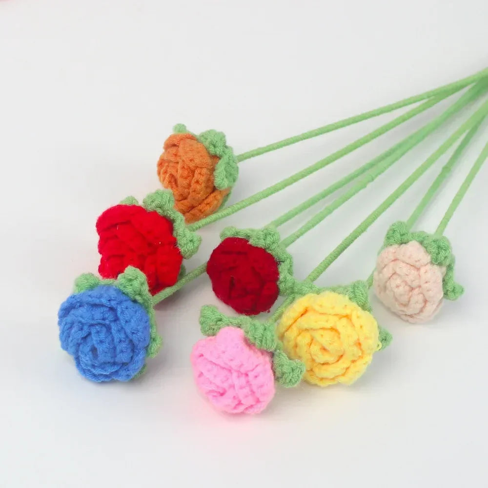 🌹 Knitted Rose Flower Bouquet – Handmade Crochet Graduation Flowers, Ramos De Flores, Fake Floral Gift