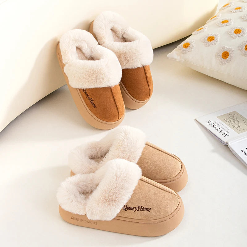 Queeyhome Winter Women Flat-Bottomed Plush Commute Slippers