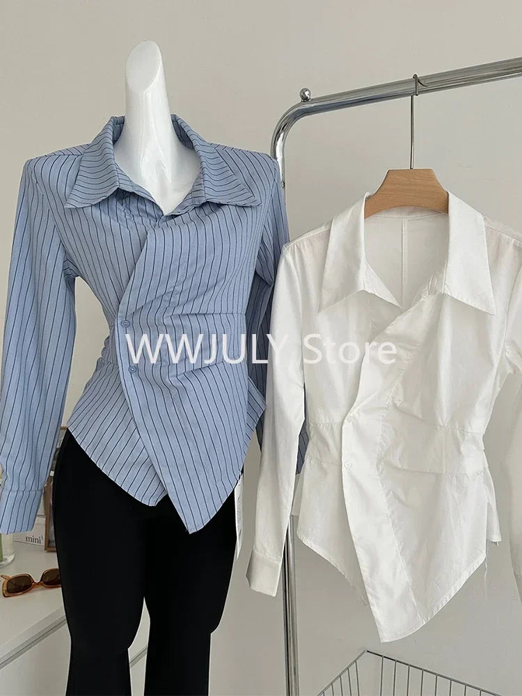 Women Stylish Korean Vintage Striped Shirts Long Sleeve Blouses: