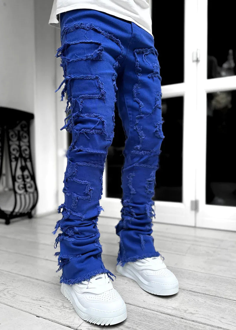 Men's Regular Fit Ripped Stacked Jeans | Slim Fit Patch Distressed Denim Pants | Hip Hop Streetwear Trousers