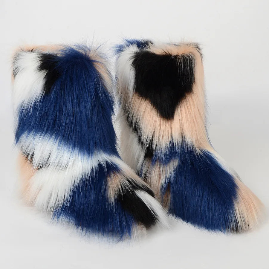 Winter Fur Imitation Raccoon Snow Boots for Women - Bright Colors – Mid-Calf Fluffy Boots with Plush Lining, Flat Heel