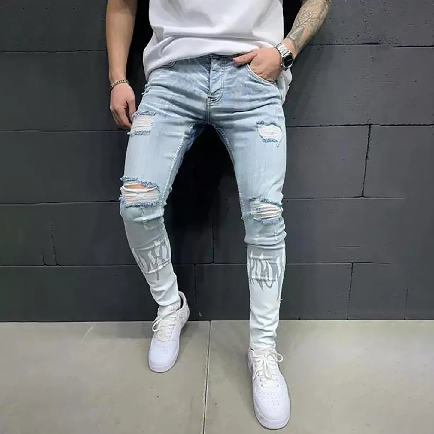 🏍️ Cool Motorcycle Prints on Ripped Summer Jeans 🌞