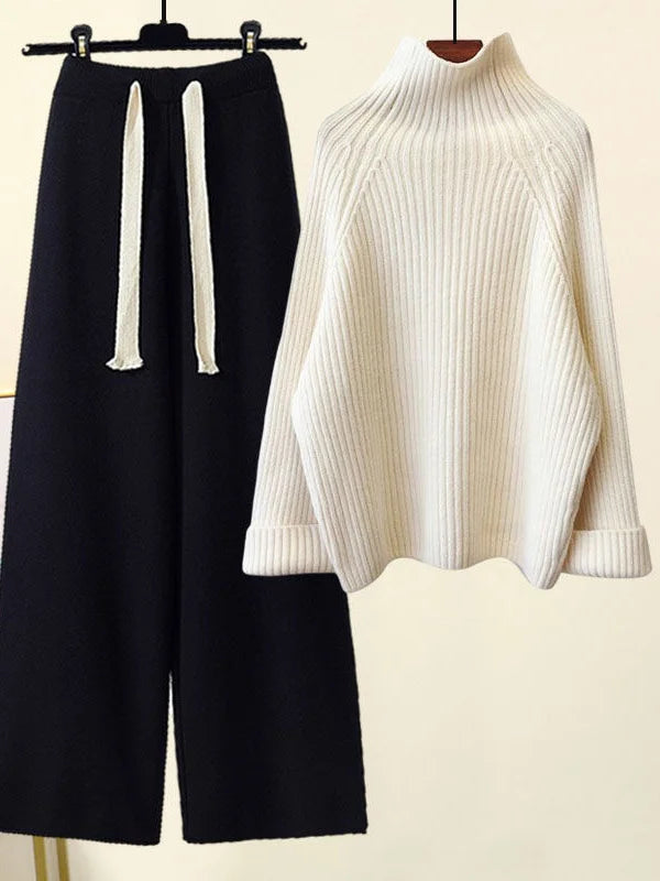 💎 Cozy Winter Knitwear Set for Women | Turtleneck Sweater + High-Waist Wide-Leg Pants 💎