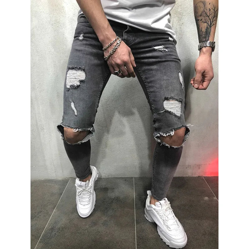 Men's High-Waisted Ripped Jeans 👖 Slim-Fit Stretch Denim Pants – Casual Pencil Trousers