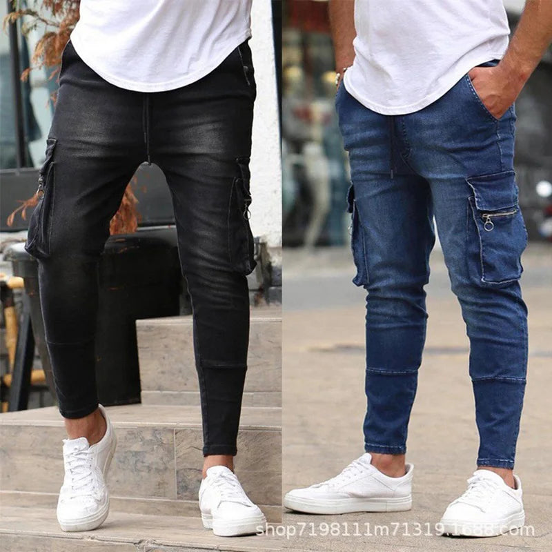 Men's Elastic Denim Cargo Pants 👖 | Multi-Pocket Slim Fit Casual Joggers | Mid-Waist Daily Wear