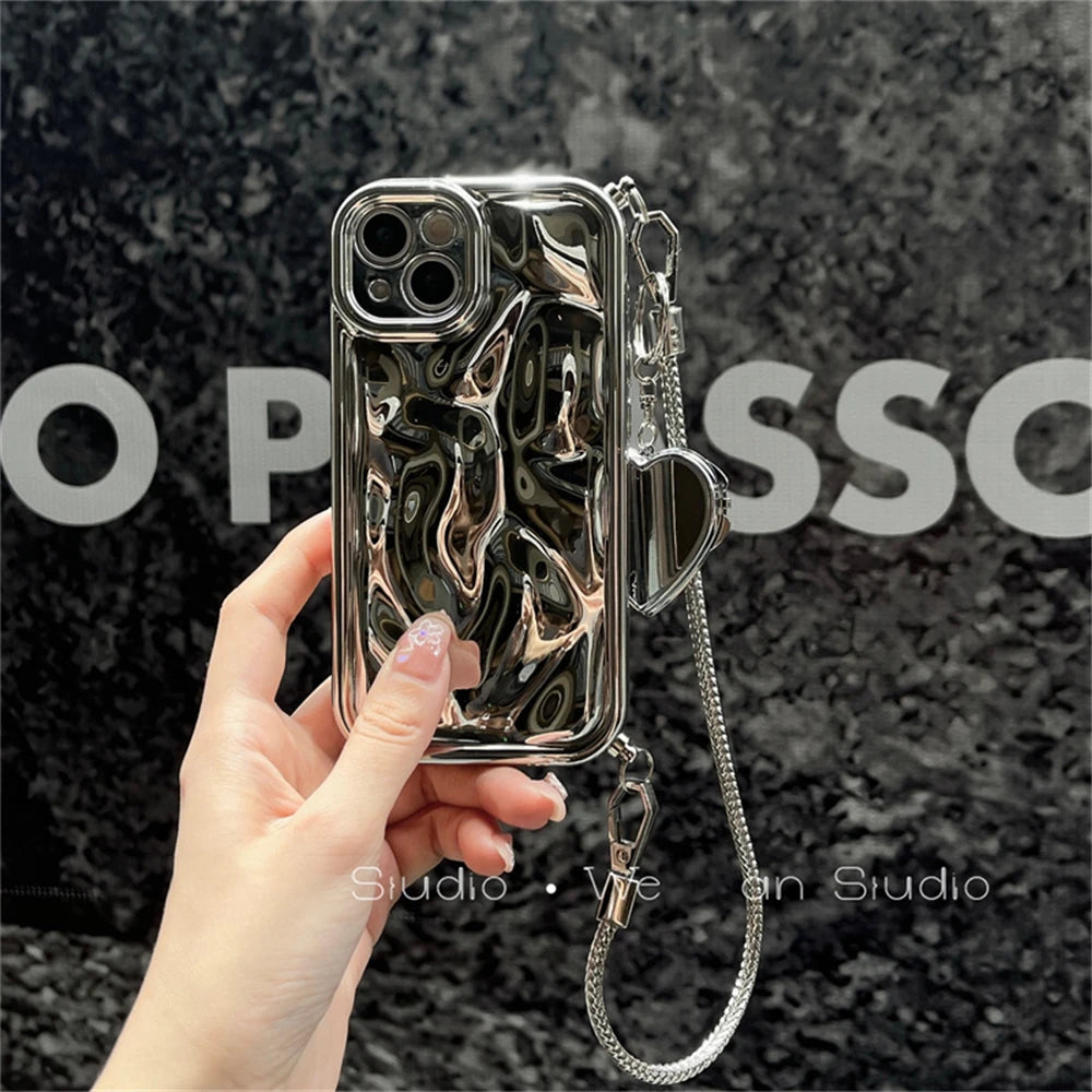 Laser Meteorite Heart Mirror Bracelet Chain Case for iPhone 14 13 12 11 Pro Max