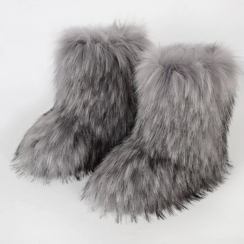 Winter Fur Imitation Raccoon Snow Boots for Women - Bright Colors – Mid-Calf Fluffy Boots with Plush Lining, Flat Heel