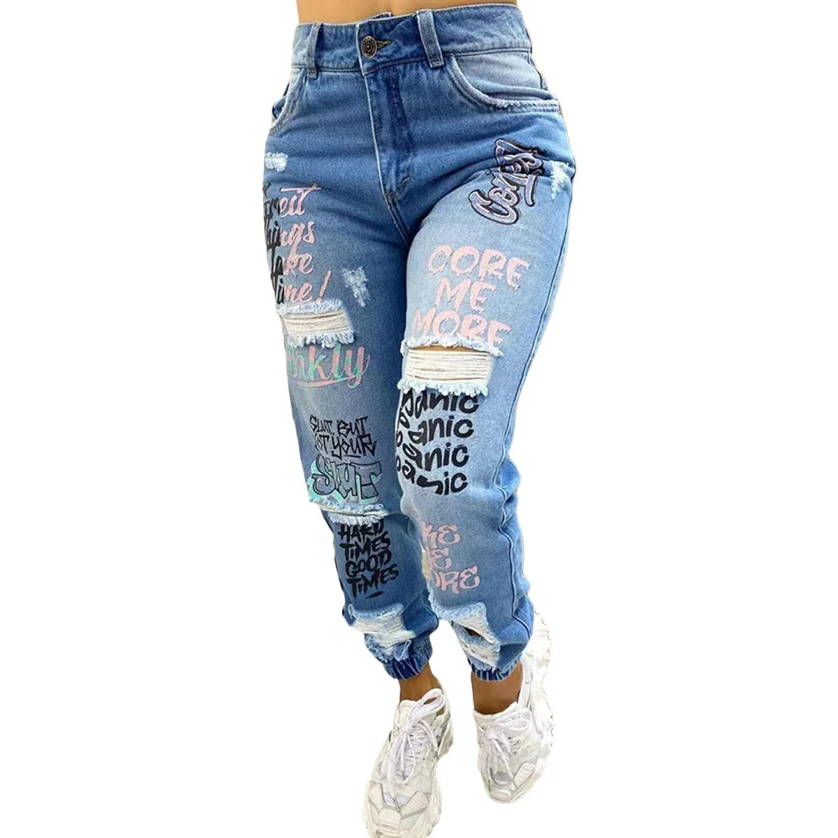 2024 New Women's Letter Print Ripped Jeans - Casual High Waist Straight Leg Slant Pocket Denim