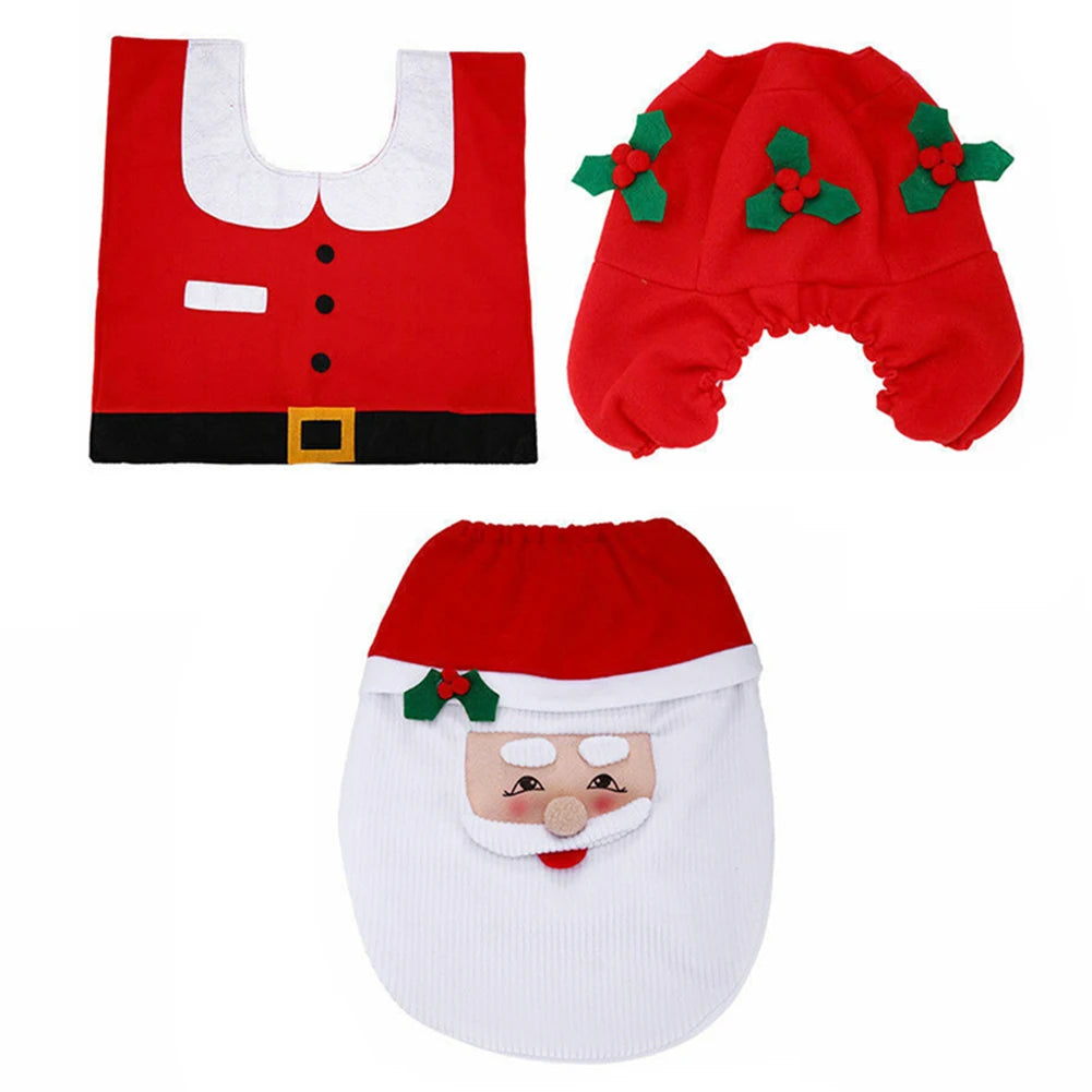 3pcs Christmas Toilet Cover Set | Bathroom Decor with Anti-Slip Bath Mat & Santa Tissue Cover | Holiday Home Decoration 2024