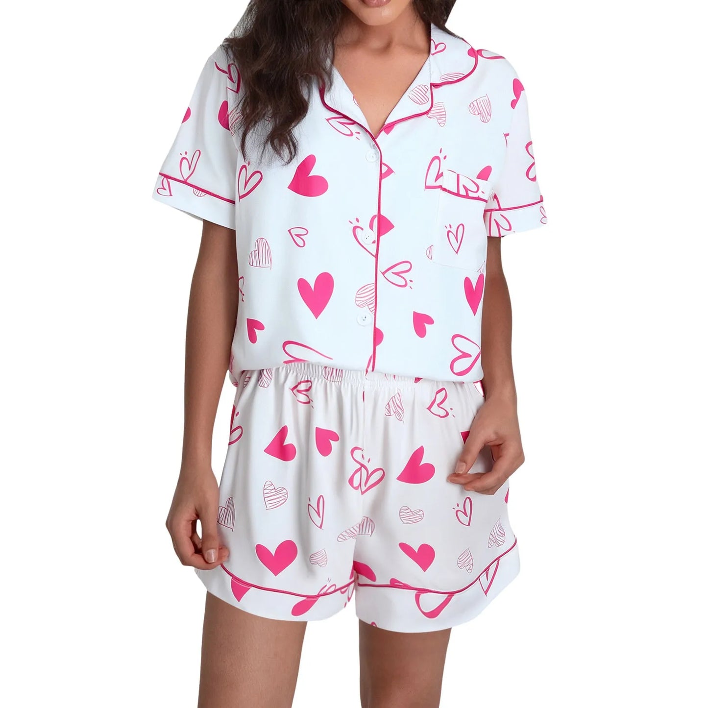 Valentine’s Day Silk Pajama Set ❤️ Cute Bow Print Short Sleeve Shirt & Shorts Sleepwear