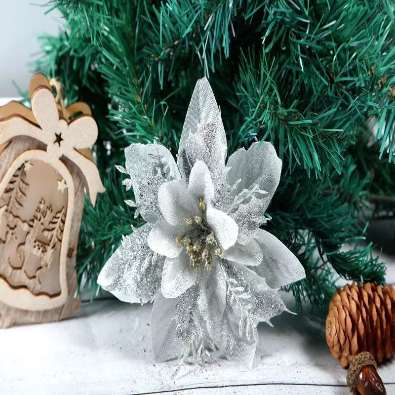 14cm Glitter Artificial Christmas Flowers Xmas Tree Ornaments Merry Christmas Decorations for Home New Year Gift