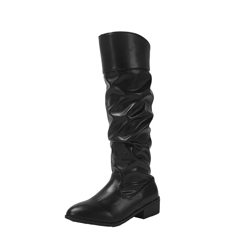 Vintage Pleated Knee-High Boots for Women | Stylish Slip-On Square Heel Booties | Autumn/Winter Fashion